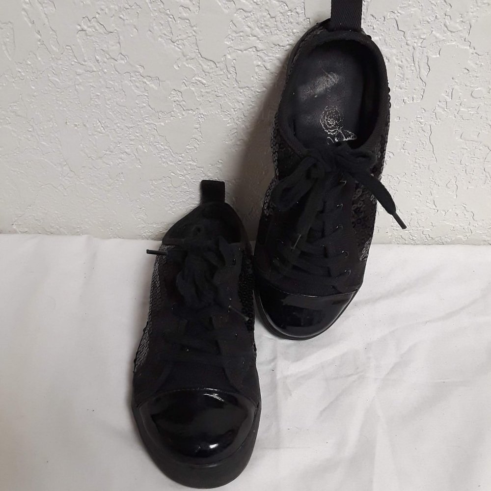 Joan Boyce Black Sequin Lace up Mule Shoes 6.5